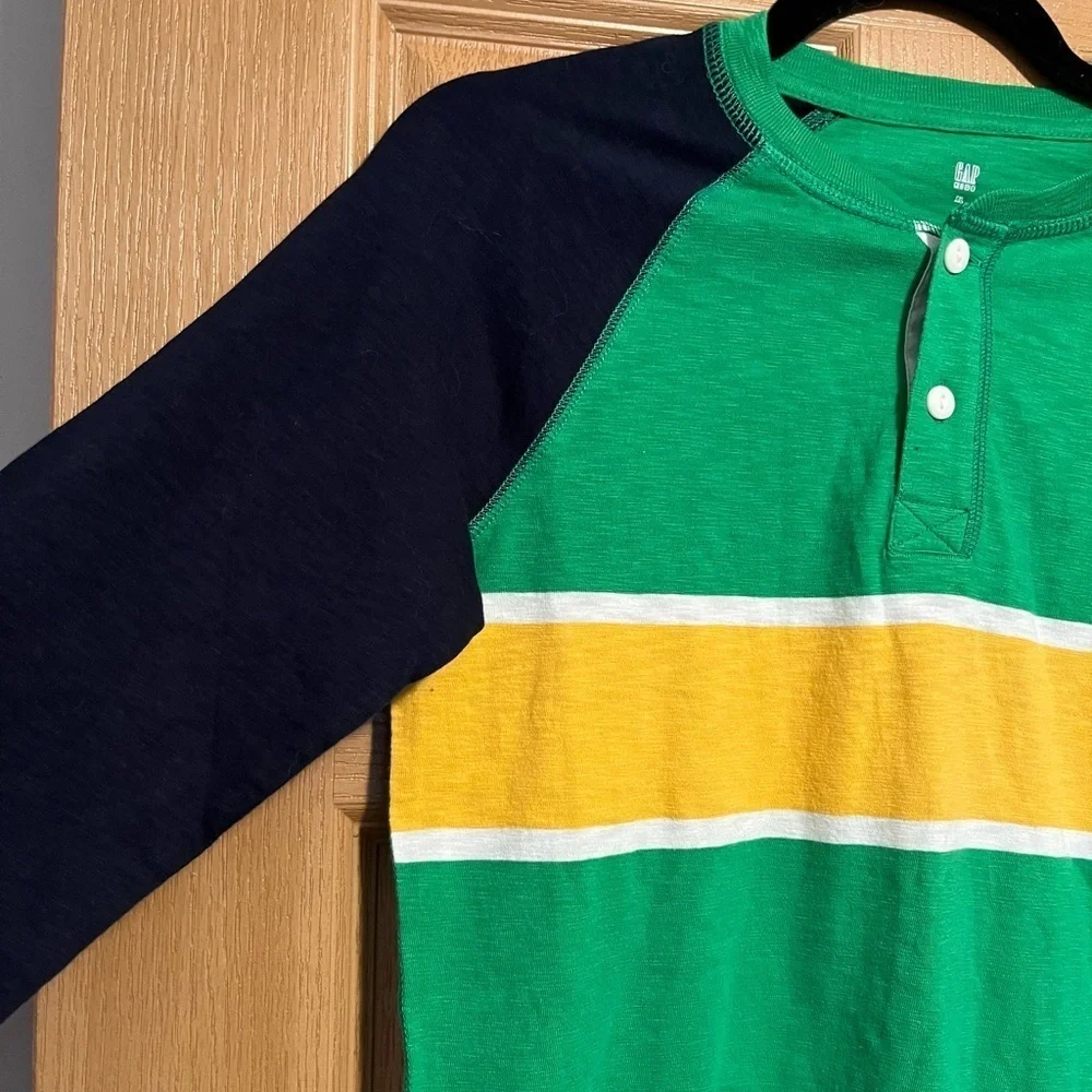 Kids Green, White & Yellow Colorblock Stripe Henley Longsleeve T-Shirt | Gap NWT
